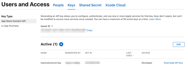 AppStore Connect New Key